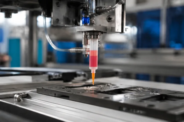 Bonding Adhesive 15 A realistic close-up view of precision adhesive dispensing by automated industrial equipment in a factory, emphasizing bonding application and efficient manufacturing.
