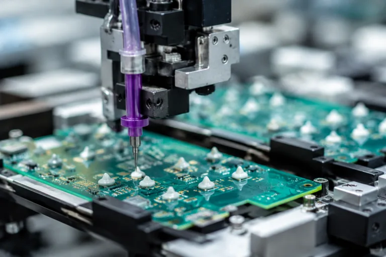 PCB Adhesive 17 A realistic electronics manufacturing scene showing automated adhesive dispensing onto PCB boards with consistent precision, highlighting efficient board-level assembly and clean factory conditions.