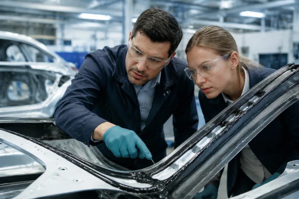 Automotive Adhesive Guide: Materials, Processes, and Selection Tips 17 Engineers reviewing adhesive-bonded automotive body components in a modern manufacturing environment.