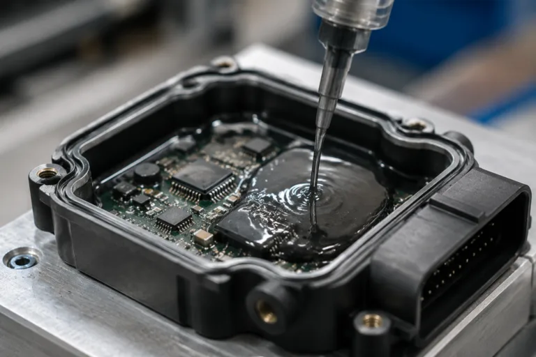 A realistic close-up of automotive electronics potting adhesive being applied to a control module or sensor inside a rugged housing, emphasizing protection against vibration, heat, and moisture in a clean manufacturing setting.