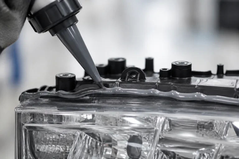 Sealing Adhesive 5 A realistic close-up of automotive adhesive sealant application on a sensor housing, control unit, or lighting component, highlighting the protective sealing bead in a clean industrial setting.
