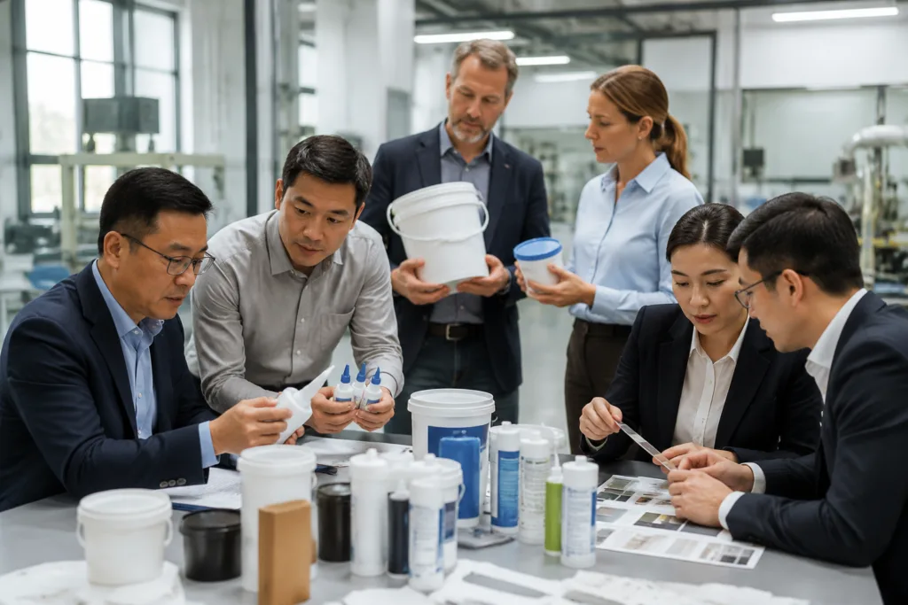 OEM & ODM Adhesive Manufacturing 2 A realistic B2B adhesive business scene in a manufacturing environment, featuring four customer types collaborating around adhesive samples, packaged products, label options, and technical requirements.