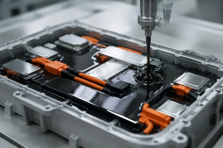 A detailed industrial product photo showing battery potting adhesive being applied inside a battery pack or module housing, emphasizing encapsulation, insulation, vibration resistance, and moisture protection in a clean new energy manufacturing setting.