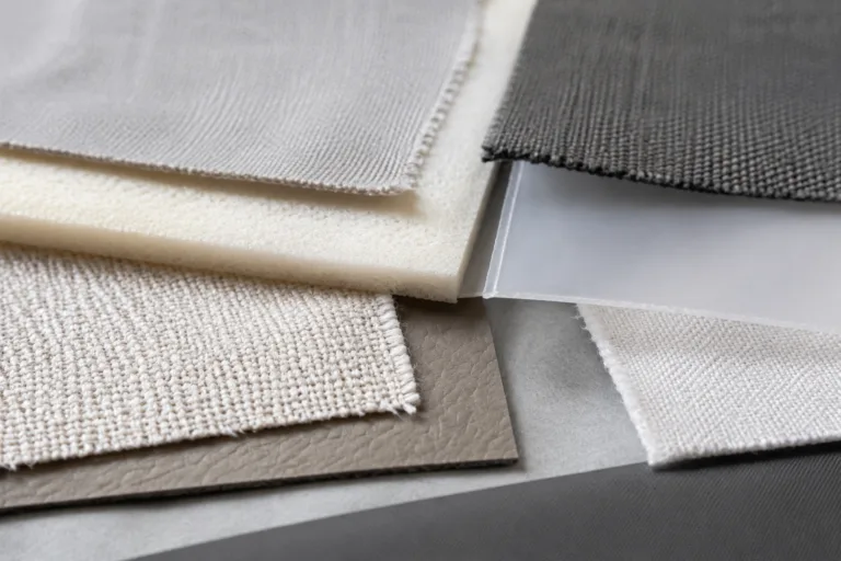 A realistic close-up technical composition showing multiple soft materials used for fabric adhesive selection, arranged professionally for product evaluation.