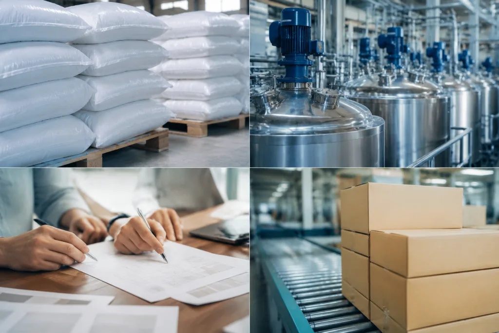 Custom Adhesive Formulation 3 A visually balanced realistic photography composition illustrating bulk adhesive cooperation models with four coordinated supply scenes: standard adhesive bulk packs, custom formulation production containers, OEM manufacturing documents, and private label branded cartons.