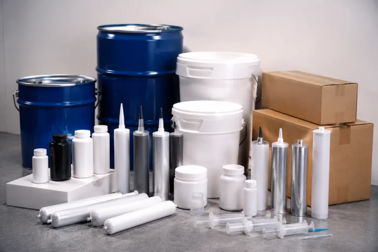 Bulk Adhesive Supply 3 Realistic premium B2B product photography showing multiple adhesive packaging formats arranged in an organized manufacturer display with a clean studio look.