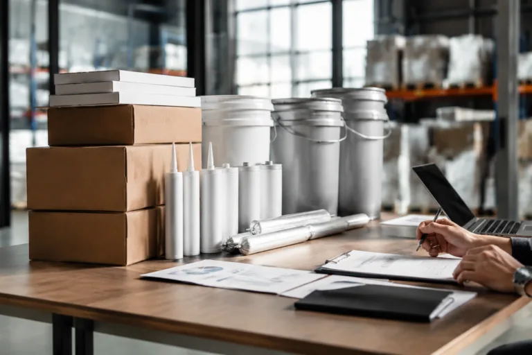 Become a ZDS Adhesive Distributor 6 Premium realistic B2B photography showing a clean industrial desk with organized adhesive packaging and procurement documents, designed to suggest quote requests and long-term cooperation.