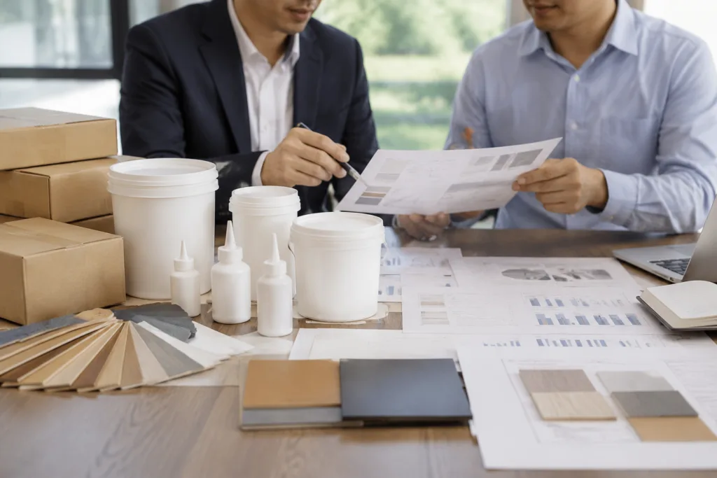Custom Adhesive Formulation 5 A professional industrial desk scene featuring adhesive supply materials, technical documents, packaging samples, forecast plans, cartons, and organized supplier-buyer workflow elements in a realistic corporate setting.