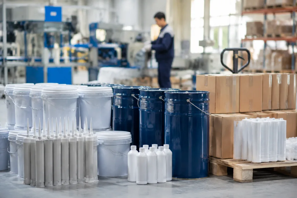 Bulk Adhesive Supply 1 Realistic premium B2B industrial photography of bulk adhesive production and logistics, featuring neatly arranged adhesive packaging and export-ready pallets in a clean warehouse environment.