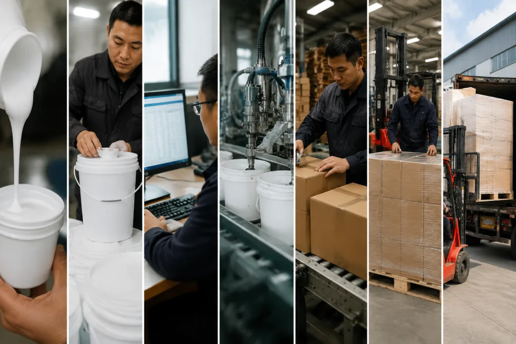 Bulk Adhesive Supply 6 A premium realistic photography scene presenting a left-to-right bulk adhesive supply process from approved sample to repeat shipment preparation in a modern factory setting.