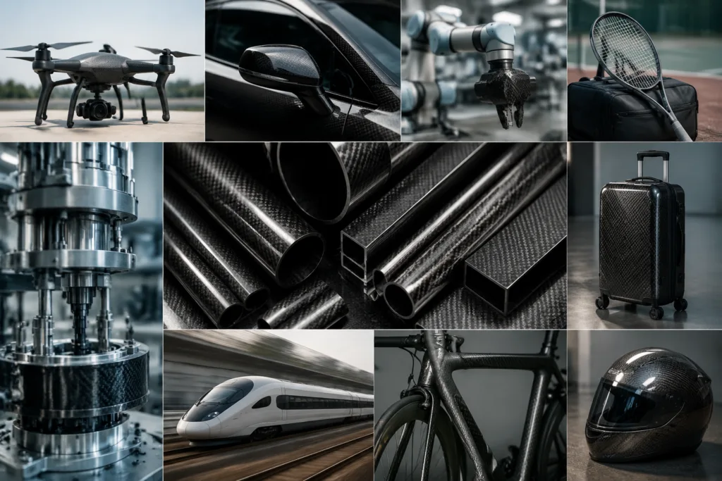 Carbon Fiber Adhesive 18 A realistic, clean collage composition presenting carbon fiber adhesive applications across advanced industries, including drones, lightweight vehicles, robotics, sports gear, machinery, premium products, transportation components, and composite structures.
