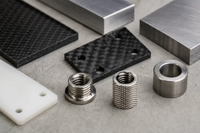 Carbon Fiber Adhesive 11 A clean, realistic close-up composition showing carbon fiber bonding partners including carbon fiber, aluminum, stainless steel, plastic, and precision metal inserts for adhesive selection and evaluation.