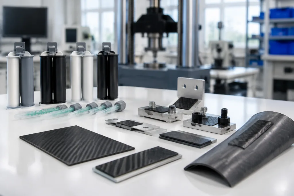 Carbon Fiber Adhesive 9 A realistic industrial laboratory setup showing custom carbon fiber adhesive formulation development on a clean workbench, featuring structural adhesive cartridges, mixing nozzles, carbon fiber coupons, carbon fiber-to-metal bonded samples, insert bonding specimens, and repair patch samples.