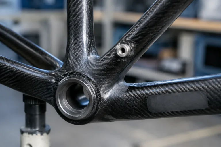 Carbon Fiber Adhesive 12 A realistic close-up engineering scene illustrating different adhesive bonding requirements for carbon fiber structures, including lightweight frame assembly, strong joints, insert fixation, and repair reinforcement.