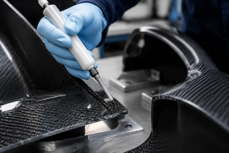 Carbon Fiber Adhesive 16 A realistic close-up industrial scene showing structural bonding of carbon fiber components with adhesive selection, controlled working time, and heat-assisted curing in a high-performance composite assembly setting.