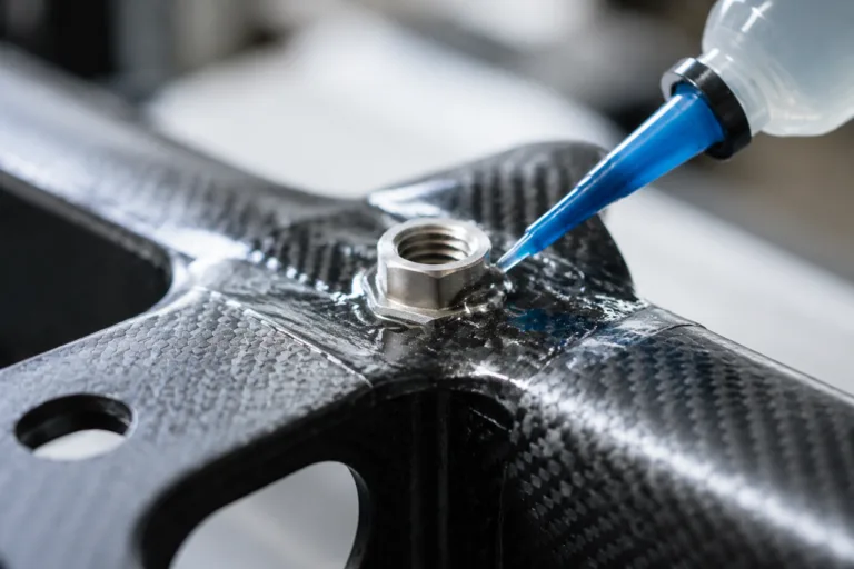 Carbon Fiber Adhesive 8 A realistic close-up of adhesive bonding a metal insert into a carbon fiber part, showing a precision engineered reinforced joint in an advanced composite assembly setting.