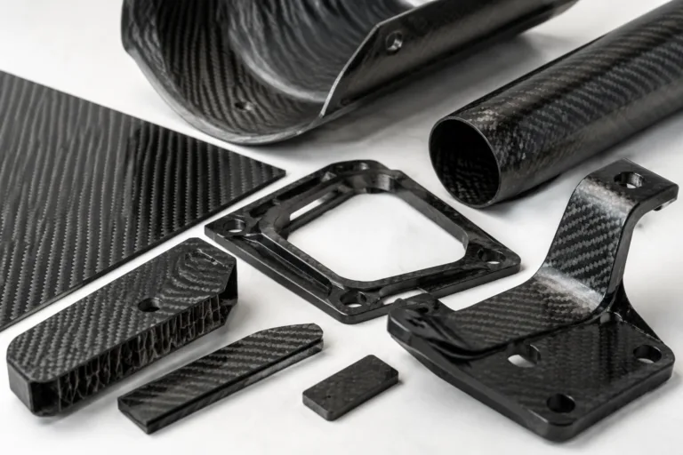 Carbon Fiber Adhesive 10 Realistic industrial product scene featuring multiple carbon fiber component types prepared for adhesive bonding assessment, with a clean technical presentation and detailed woven textures.