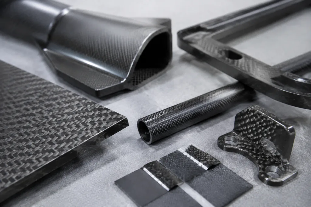 Carbon Fiber Adhesive 2 Realistic industrial product photo of several carbon fiber part types arranged for adhesive selection and bonding evaluation.