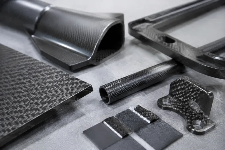 Composite Adhesive 3 Realistic industrial product photo of several carbon fiber part types arranged for adhesive selection and bonding evaluation.