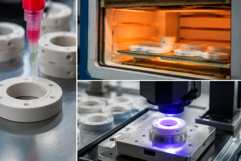 Ceramic Adhesive 16 A realistic technical manufacturing image depicting ceramic adhesive curing methods, including room-temperature, heat, and UV curing in a professional industrial setting.