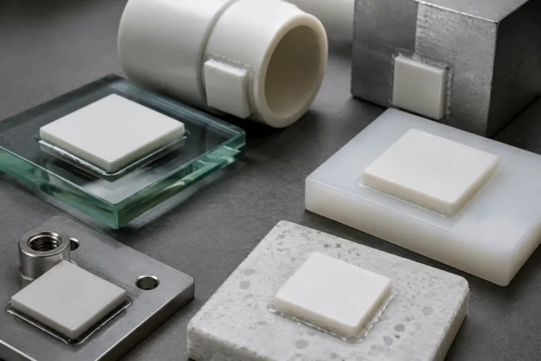 Ceramic Adhesive 11 A clean professional close-up showing ceramic combined with metal, glass, plastic, and other industrial materials for adhesive selection and bonding assessment, with realistic details and a technical product photography style.