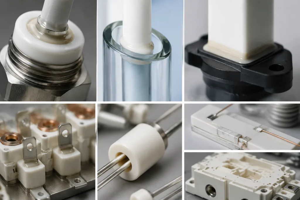 Ceramic Adhesive 2 A clean technical scene showing multiple ceramic adhesive use cases in one realistic industrial product photography composition.