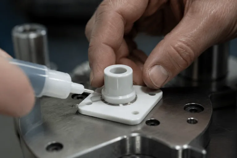 Ceramic Adhesive 8 A realistic close-up of ceramic component adhesive application during precision manufacturing, featuring a small ceramic spacer or insulator being aligned and secured in a clean industrial environment.