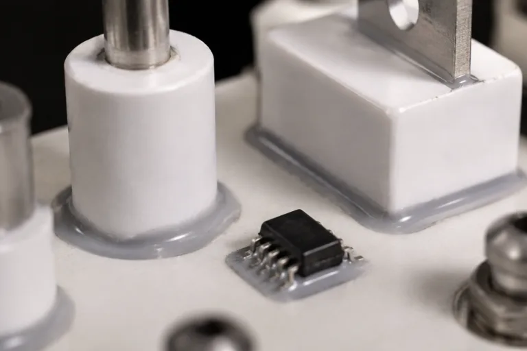 Ceramic Adhesive 13 Realistic close-up product scene showing ceramic insulating parts bonded to electronic components with adhesive, emphasizing dielectric protection, electrical insulation, and safe component separation in a clean technical environment.