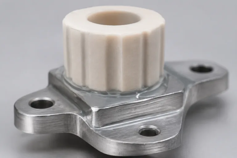 Ceramic Adhesive 3 A realistic close-up product shot depicting ceramic-to-metal bonding adhesive used to join a ceramic insulator or component to aluminum or stainless steel, emphasizing a clean and stable bond line in an industrial assembly setting.