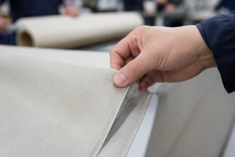 A professional close-up industrial product photo showing fabric adhesive performance on bonded textiles with no strike-through, no staining, neat edges, and a smooth soft-finish appearance.