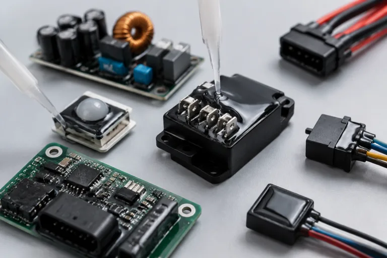 Insulation Adhesive 12 A realistic technical product photo showing assorted electronic component layouts prepared for insulation adhesive application, including PCB, connectors, power modules, sensors, and wire joints on a clean background.