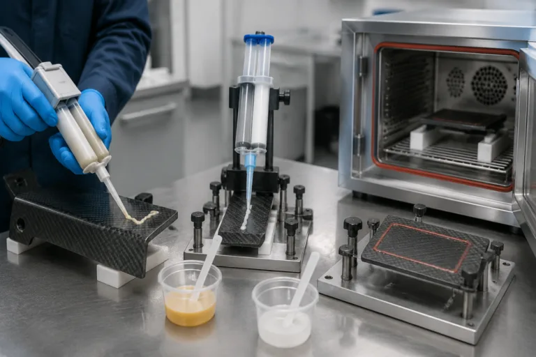 Composite Adhesive 16 A realistic technical manufacturing scene depicting composite adhesive selection and curing methods for structural bonding applications, with room-temperature curing, controlled pot life, and heat-assisted curing represented in a professional industrial setting.