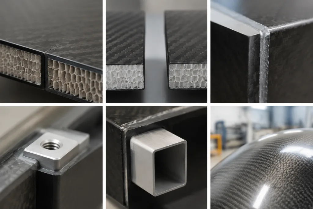 Composite Adhesive 18 A realistic professional product photography scene illustrating composite adhesive selection across thin bond lines, wider gaps, edge joints, insert joints, and curved surfaces.