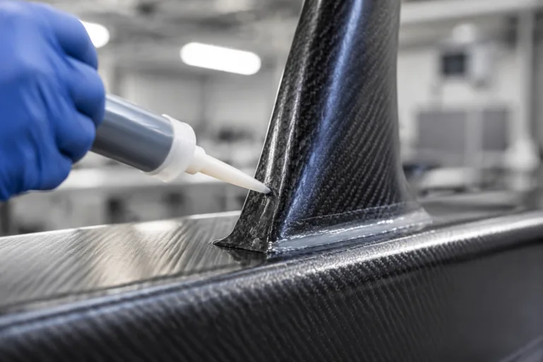 Bonding Adhesive 8 A realistic product-style close-up showing adhesive bonding between composite and carbon fiber structural components in a clean advanced manufacturing setting.