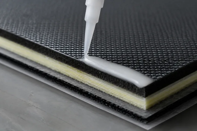 Laminating Adhesive 8 A detailed industrial close-up showing multiple material layers laminated together with adhesive, emphasizing the bonded structure and advanced manufacturing process in a clean professional composition.