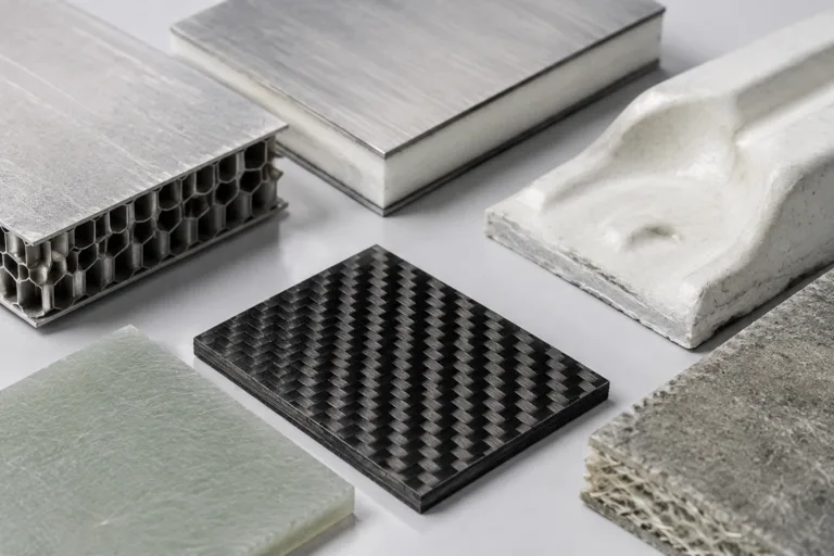 Composite Adhesive 10 A realistic close-up product-style scene showing multiple composite material samples used for adhesive selection and bonding tests in a clean technical industrial setting.