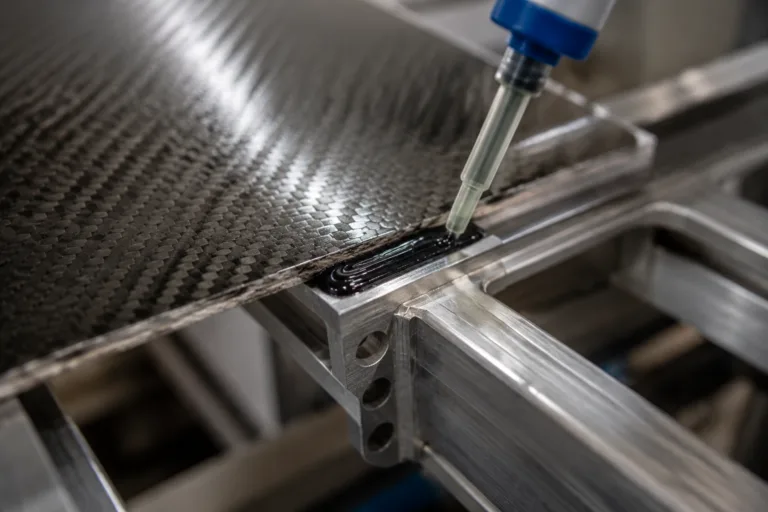 Composite Adhesive 5 A realistic close-up industrial scene showing adhesive application at a hybrid structural joint where a carbon fiber or fiberglass composite is bonded to an aluminum or steel frame, with professional product photography detail.