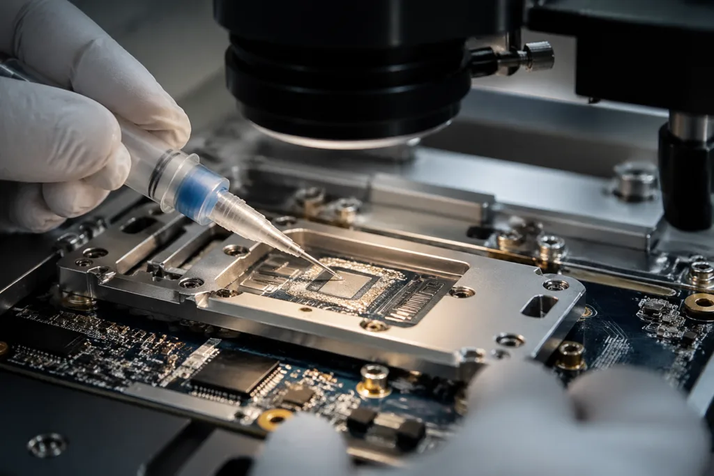 A realistic electronics assembly scene showing conductive adhesive being applied to a sensitive component on a PCB.
