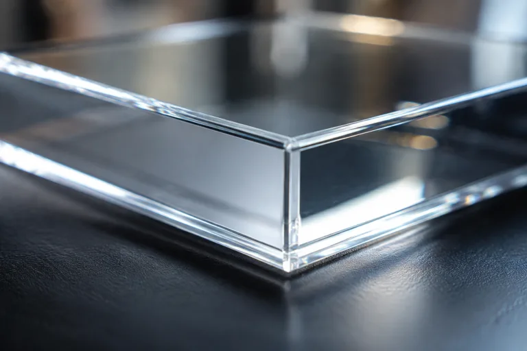 Glass Adhesive 12 A realistic premium industrial product scene showing transparent bonded glass components with excellent clarity, minimal bubbles, low haze, and precise clean edges, photographed in a professional close-up style.