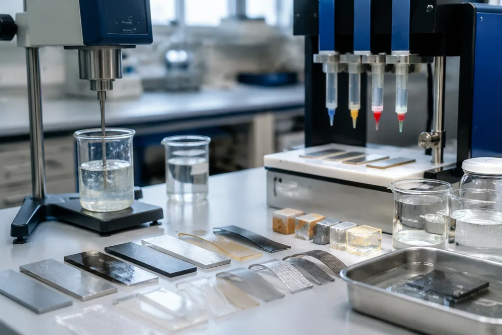 Custom Adhesive Formulation 1 Professional technical lab scene illustrating custom adhesive performance adjustment, including viscosity tests, curing speed comparisons, bonding coupons, flexibility samples, and heat and waterproof evaluation materials.