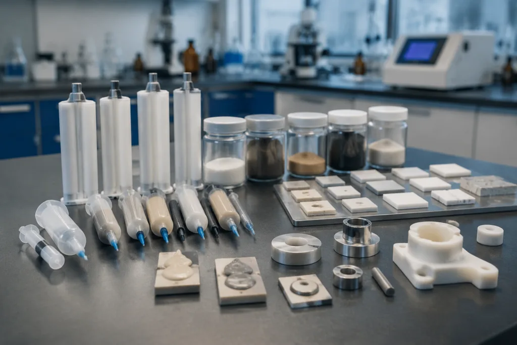 Ceramic Adhesive 9 A realistic professional technical scene showing custom ceramic adhesive formulation development with industrial adhesive samples, cartridges, syringes, ceramic test pieces, ceramic-to-metal bonded samples, insulating part samples, and laboratory testing tools on a clean workbench.