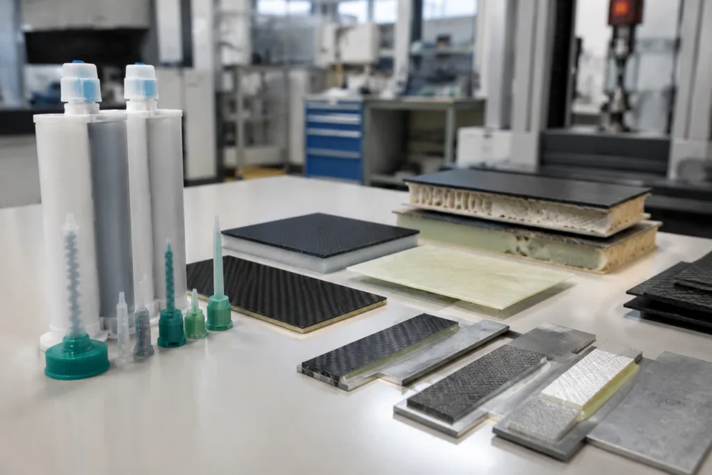 Composite Adhesive 9 A realistic technical laboratory setup showing custom composite adhesive formulation development on a clean workbench, with materials and bonded samples arranged for evaluation in an industrial R&D setting.