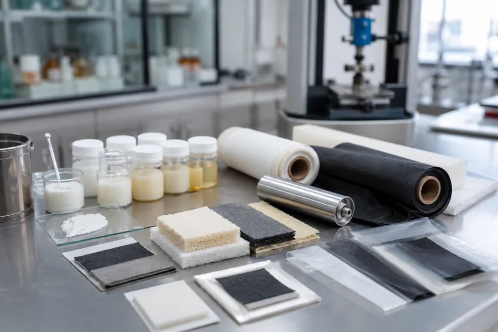Realistic industrial laboratory scene showing a customized textile adhesive formulation and evaluation setup with sample materials neatly arranged on a clean workbench.