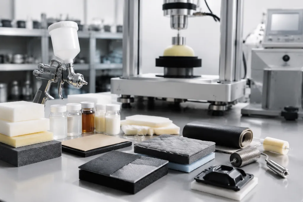 Foam Adhesive 9 Realistic industrial R&D scene featuring a custom foam adhesive formulation and testing setup with samples, application tools, foam materials, and bonded test pieces on a clean workbench.