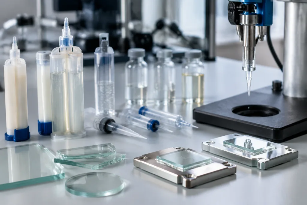 Glass Adhesive 9 A realistic industrial laboratory scene featuring transparent adhesive samples, cartridges, syringes, glass coupons, glass-to-metal bonded samples, and clarity test pieces arranged on a clean technical workbench for custom glass adhesive formulation development.