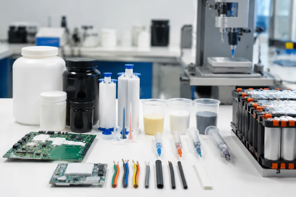 Insulation Adhesive 9 A realistic industrial laboratory scene focused on custom insulation adhesive formulation development for electrical protection applications, with neatly arranged samples and testing equipment on a clean workbench.