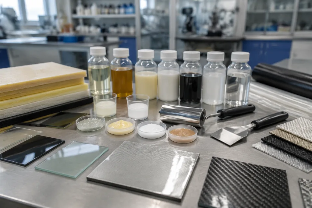 Laminating Adhesive 9 A realistic industrial laboratory workbench displaying customized laminating adhesive formulation development materials, including samples, tools, containers, and layered test materials in a clean technical composition.