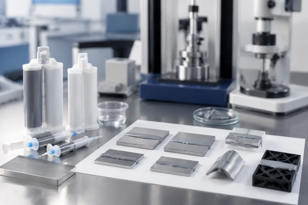 Metal Adhesive 9 A realistic industrial and technical scene showing customized metal adhesive formulation development on a clean workbench, with adhesive cartridges, syringes, bonded aluminum coupons, steel test pieces, and metal-to-plastic samples in a laboratory testing environment.