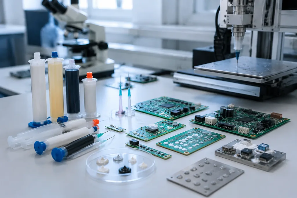 PCB Adhesive 9 A realistic industrial laboratory scene featuring custom PCB adhesive development materials and testing on a clean technical workbench.