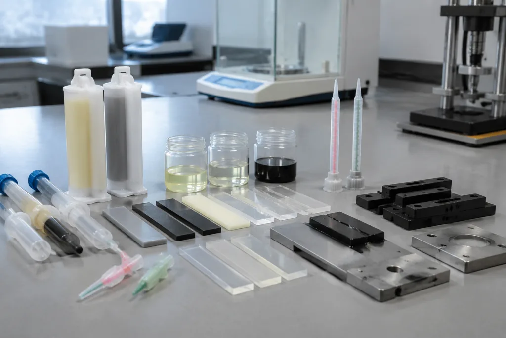 Plastic Adhesive 9 A realistic technical workbench scene depicting custom plastic adhesive formulation development with industrial adhesive samples, cartridges, syringes, transparent samples, ABS and PC test coupons, and plastic-to-metal bonded specimens in a clean laboratory setting.